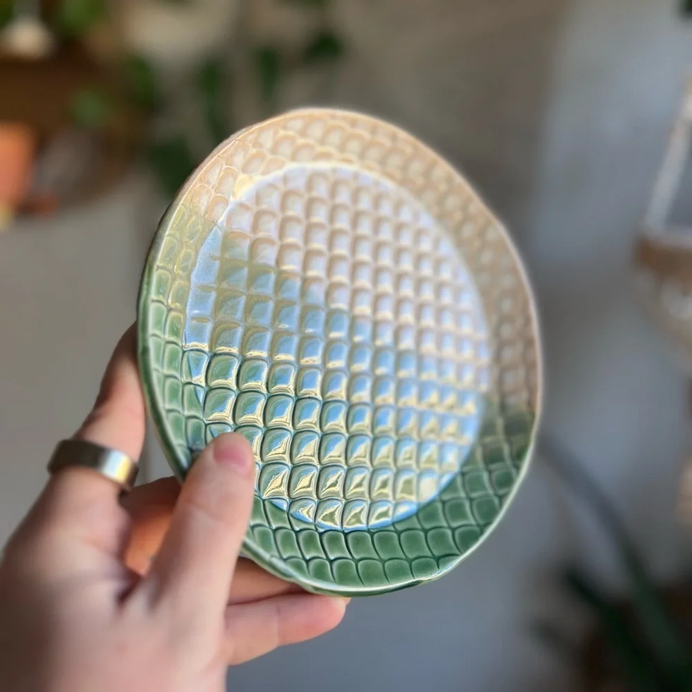 Handmade Green Mermaid Scales Ceramic Plate, 7-Inch Coastal Decorative Dish